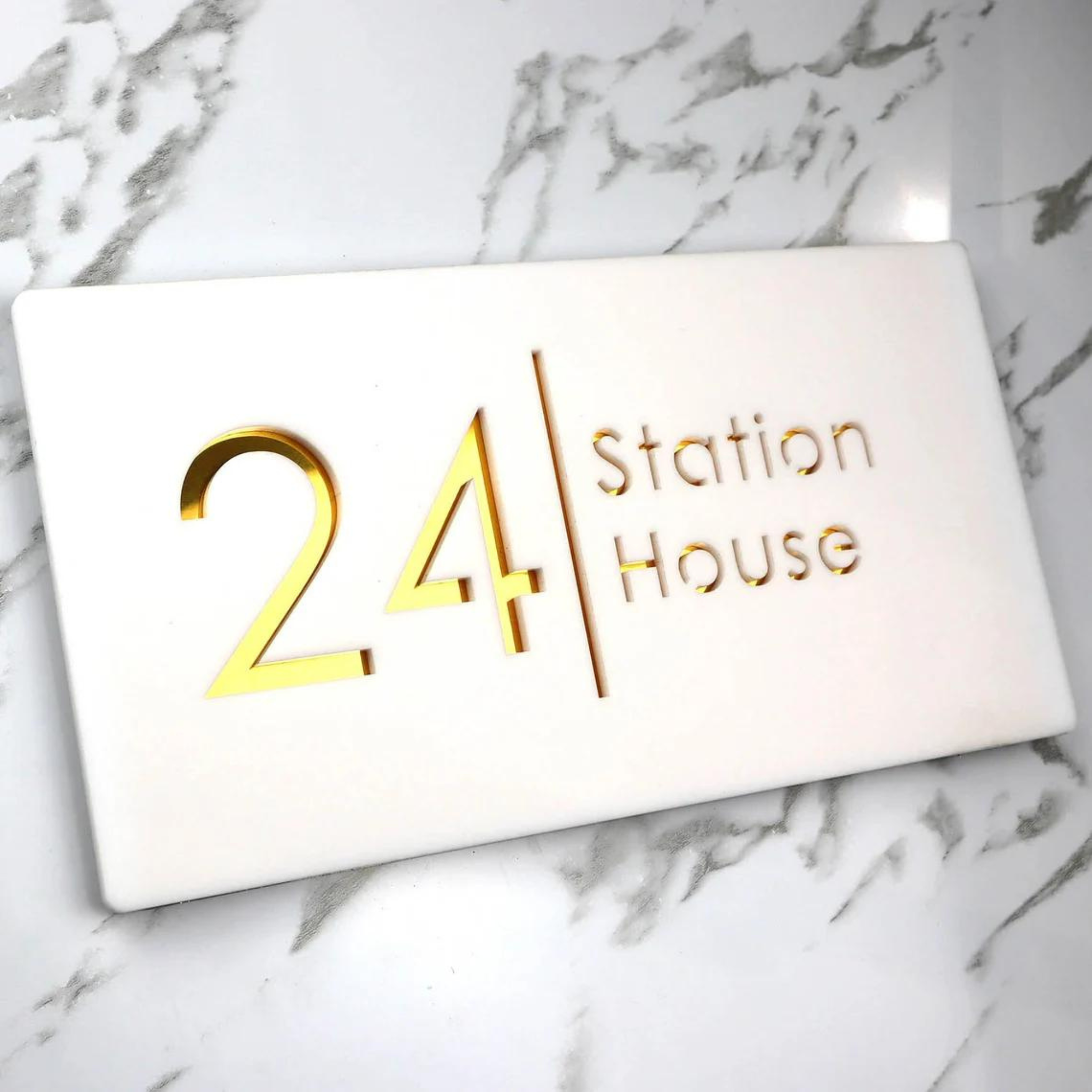 Door Name Plate - White & Gold Mirror Floating House Sign